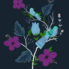 Exploring a cooler color palette with this piece featuring blue birds, purple flowers, and dark foliage. This style of illustration is perfect for creating unique patterns or brand mascots.