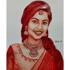 This custom blood portrait highlights the intricate details of traditional Indian jewelry and attire. Each element is carefully painted to create a stunning and realistic effect.