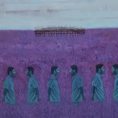 'Untitled' by Raghu Kondur. This acrylic on canvas painting features repeating self-portraits against a surreal purple landscape, exploring themes of identity, observation, and the self in space.