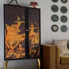 A collaboration where my art meets expert craftsmanship. This cabinet features a dramatic, heritage-inspired design printed on its doors, turning a storage piece into a focal point of the room.