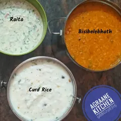 A light yet filling lunch combination featuring my special bisibelebath, creamy curd rice, and a side of fresh raita. This is a popular choice for a quick and satisfying midday meal.