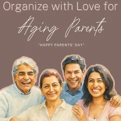 Organizing for aging parents is an act of love. This carousel shows simple, impactful changes like using color codes and large-font labels to make their home safer and more comfortable.
