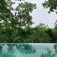 An infinity pool overlooking the lush green foothills of the Himalayas. Even in moments of relaxation, the connection to nature is ever-present. This is a space for quiet contemplation after a day of practice.