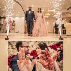 A creative collage showing the couple's grand entrance with sparklers and a close-up of them exchanging rings.