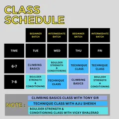 Check out our weekly class schedule for adults! We offer a mix of beginner and intermediate batches focusing on climbing basics, technique, and boulder strength and conditioning. Find the perfect class for your skill level and goals.