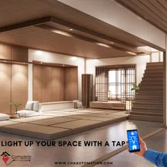 Light up your space with a single tap. In this beautifully designed room, the entire lighting scheme can be controlled from a smartphone, allowing you to create the perfect ambiance for any occasion instantly.