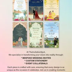 At The Invitation Spot, I specialize in transforming your vision into reality. This graphic highlights my core services: bespoke wedding invites, custom stationery, and event collaterals, all crafted with care.