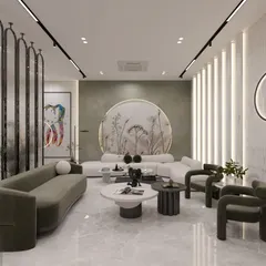 This is the main waiting lounge from my dental clinic concept, designed for ultimate patient comfort. It features a large, curved white sofa, contrasting olive green seating, and a central art piece with botanical illustrations, all set against a backdrop of white marble and textured green walls.