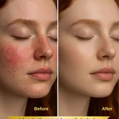This image shows the rejuvenating power of our Ayurvedic Bamboo Sheet Mask. It is infused with ancient herbs to help calm redness, even out skin tone, and restore a natural, healthy glow.