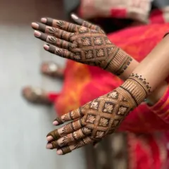 A beautiful example of our jaali (net) pattern mehndi, filled with delicate lotus motifs. This traditional Indian mehndi design is a popular choice for both brides and guests.