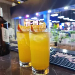 A pair of refreshing orange highball cocktails, garnished with orange slices and ready to be served. This classic mixed drink, composed of a spirit and a non-alcoholic mixer, is always a crowd-pleaser.