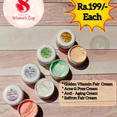 I have a cream for every need. This image shows my Golden Vitamin Fair Cream, Acne & Pores Cream, Anti-Aging Cream, and Saffron Fair Cream. All are pH balanced and made with organic ingredients to care for your skin.
