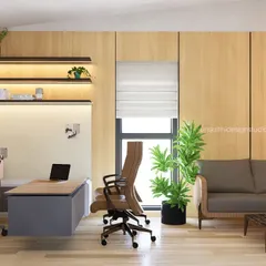 The brief for this CEO cabin was warm, bright, and compact. We used light wood paneling, a floating desk to create a sense of space, and integrated shelving with warm backlighting. The result is an elegant and functional cabin that feels both professional and comfortable.