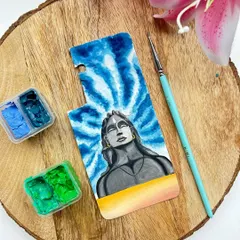 A close-up of the Adiyogi Shiva artwork before it's placed in a phone case. Painted with gouache, this design focuses on the meditative form of Shiva against a tie-dye style background, creating a piece of tranquil art for your device.