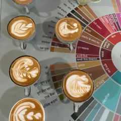 This is what we work towards. A collection of lattes, each with its own design, poured during one of our workshops. We focus on the basics of milk steaming and pouring to help you create your own art, right on top of our custom Hindi flavor wheel.