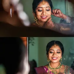 This collage captures the "getting ready" moments before the baby shower ceremony. We document these behind-the-scenes details, like putting on jewelry, which are an important part of the day.