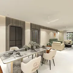 A view from the dining area in the same 3D model, showing the open-plan concept and the flow between the two spaces. The arched doorways are a key architectural feature we proposed.