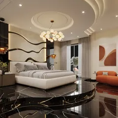 This master bedroom is a sanctuary of modern luxury, designed around a raised platform bed on a polished black marble floor. The space features a custom-designed, multi-layered false ceiling and a contemporary chandelier, creating a sophisticated and serene atmosphere.