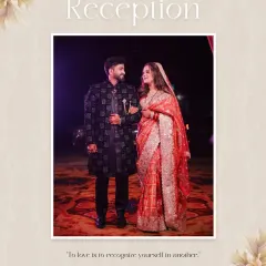 The grand entrance as a newly married couple. This photo captures the couple walking together at their reception, sharing a happy moment, ready to celebrate with their loved ones.