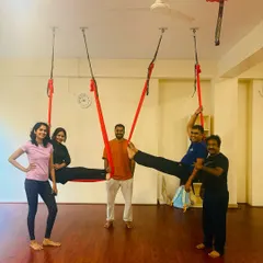 We also explore partner and group poses in our sessions. It's a wonderful way to build trust, balance, and connection while trying something new and exciting with the aerial hammock.