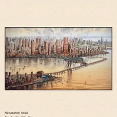 A panoramic painting of Mumbai's iconic Bandra-Worli Sealink by Nanasaheb Yeole, capturing the grandeur of the modern cityscape.