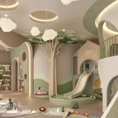 For this children's play area, I created a whimsical world to spark imagination. The design includes a custom treehouse with a slide into a ball pit, cloud-shaped ceiling lights, and soft, curved architectural forms to ensure a safe and playful environment for learning and adventure.