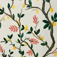 A close-up of the branches, leaves, and lemons from the peacock mural. The different shades of green and pops of yellow create a lively and natural look.