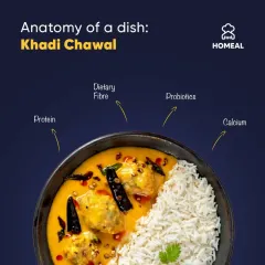 Anatomy of a dish: Khadi Chawal. This tangy and savory yogurt-based curry with rice is a great source of protein, probiotics, calcium, and dietary fiber. A true comfort meal.