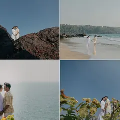 A collage of moments from a Goa beach shoot, showcasing cliffside embraces, walks along the shore, and stunning ocean views. We capture the full story of your coastal escape.