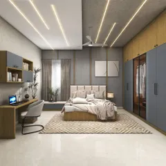 Your master bedroom should be a sanctuary. We specialize in creating multi-functional master suites like this one, featuring integrated wardrobes, a dedicated work-from-home study desk, and layered lighting to create the perfect ambiance for rest and productivity.