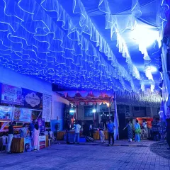 This walkway features a ceiling completely covered in ruffled blue netting with integrated LED lights. It's a simple but effective way to create a unique and immersive entrance for guests at a public festival or exhibition.