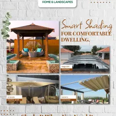 Smart shading for comfortable living. This graphic showcases our range of solutions, including weather-proof umbrellas, automated systems, and protective Megavent roofs.