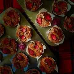 Another view of the apple and strawberry muffins, fresh out of the oven and ready for a party.