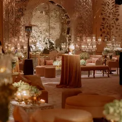 The main hall for the Sufi night, featuring a spectacular mirrored archway that reflects the candlelight beautifully. We used plush, low seating in pastel tones to create a comfortable and opulent lounge feel.