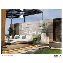 A detailed view of the lounge area from our Greater Noida terrace project. This render highlights the material palette, including the textured stone wall, wooden sofa frame, and subtle under-seating LED lighting that adds a layer of warmth and sophistication.