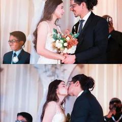The moment they say "I do". We capture the emotional peak of a Christian wedding ceremony, focusing on the couple's expressions as they seal their vows with a kiss.