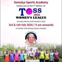 The promotional poster for the 7th Edition of the Somaiya Women's TOSS Cricket League. I create targeted promotional materials for staff-only and women-centric events.