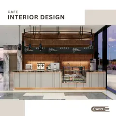 A detailed look at the cafe's main counter, designed for both aesthetic appeal and operational efficiency. The layout includes space for point-of-sale systems, coffee machines, and a glass display case, all framed by elegant marble and wood finishes.