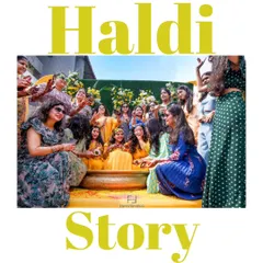 The Haldi Story. This image captures the bride surrounded by her friends and family, a quintessential moment of joy and community during the Haldi ceremony.