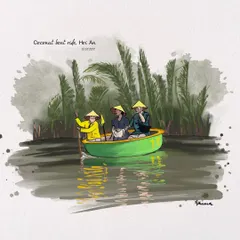 Travel is a huge inspiration for me, and this piece from a coconut boat ride in Hoi An, Vietnam, is a favorite. I can create a personalized travel illustration from your photos, capturing the joy and spirit of your adventures.