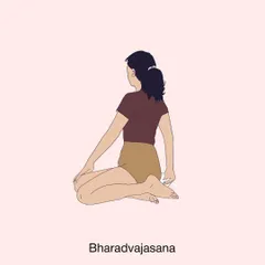 An illustration of Bharadvajasana, a gentle seated twist, part of a 30-minute home sequence for back pain relief.