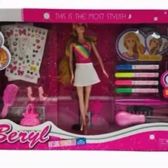 This "Beryl" fashion doll set comes with a doll, extra outfits, and styling accessories like a comb and markers to design her clothes.