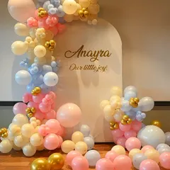 Welcome your little one with an elegant and modern baby shower decoration. This setup for Anayra features a beautiful pastel balloon arrangement in pink, blue, and cream, with a custom arched backdrop that adds a personal and sophisticated touch.