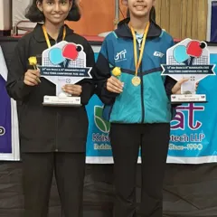 State Doubles Champions! Our players Hrithika Madhur and Swara Jangade on the podium after winning the U-15 girls' doubles gold medal at the Maharashtra State Championship in Pune.