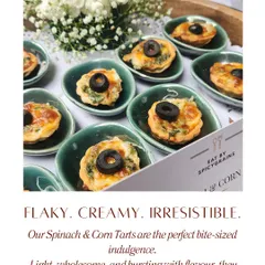 Flaky, creamy, and irresistible. Our Spinach and Corn Tarts are the perfect bite sized indulgence, served in individual ceramic dishes for an elegant touch. They are a crowd favorite at every celebration.
