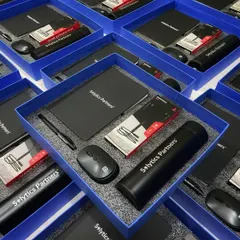 Another look at our custom welcome kits for Solytics Partners. Each item, from the notebook to the thermal flask, is branded and neatly arranged to deliver a premium and cohesive brand experience.