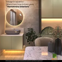 This vanity area exudes opulence. A large, round, back-lit mirror serves as the centerpiece, complemented by a floating cabinet and a stylish grey vessel sink.