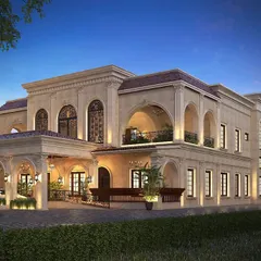 This architectural render captures the evening ambiance of the Veerabhavana Villa in Mangalore. The design employs a Mediterranean architectural style, featuring grand arches and a carefully planned lighting scheme to create an elegant and welcoming family home that is impressive from every angle.