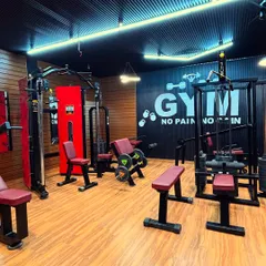 A wide view of the completed home gym. The layout provides ample space between the weight training machines, and the "No Pain No Gain" wall art adds motivation. The combination of wood-paneled walls and a dark, corrugated ceiling creates a professional fitness studio atmosphere.