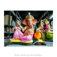 A beautifully crafted Ganpati idol, resting before the festival begins. This photo is a tribute to the 'murtikars' (idol makers), capturing the divine artistry and serene expression of Bappa in a single frame.